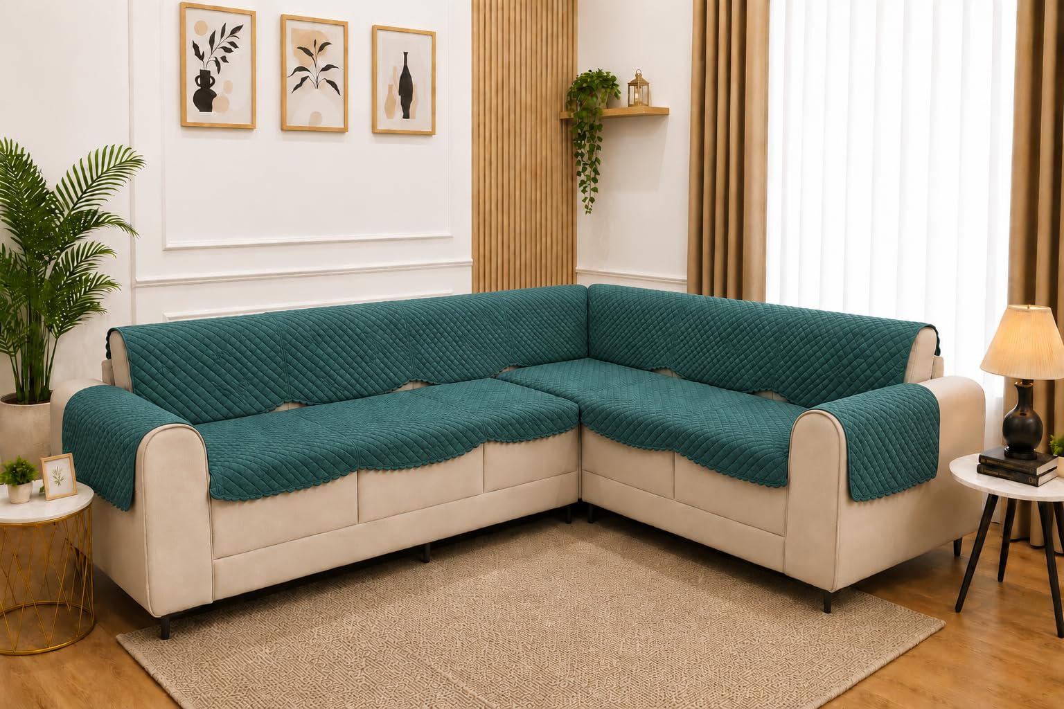 7 Seater L-Shape Sofa Cover with Arm Covers, Quilted Texture, Sectional Couch Protector for Living Room-Pack of 15 (Teal)-image-32