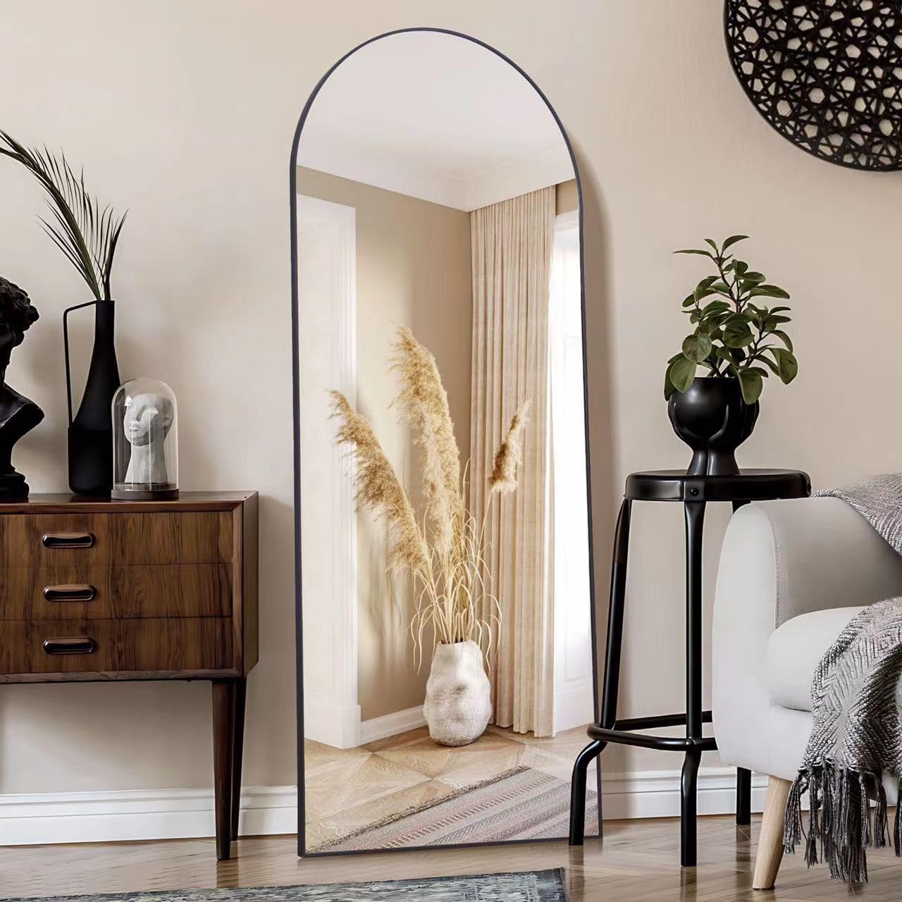 KOCUUY Arched Full Length Mirror, 161 x 52 cm Wall Mirrors, Standing or Leaning Full Body Mirror with Aluminum Alloy Frame, Suitable for Bedrooms, Hallway or Cloakroom, Black