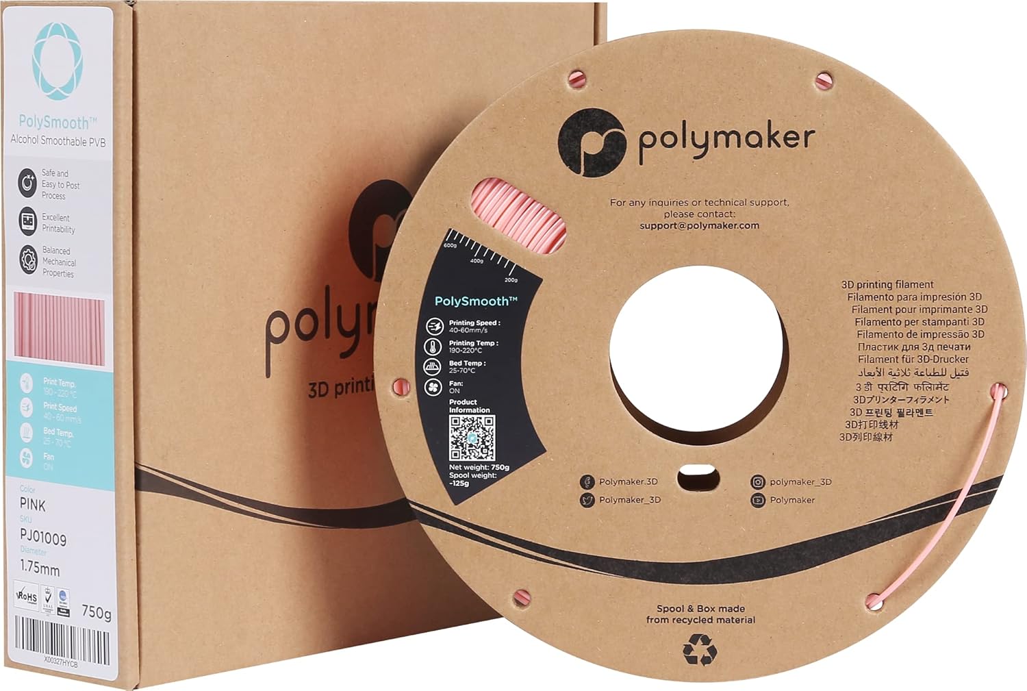 Polymaker PolySmooth PVB Filament 1.75mm 0.75kg Pink - Print Like PLA Filament, Easy Smoothable Post Process with IPA Alcohol