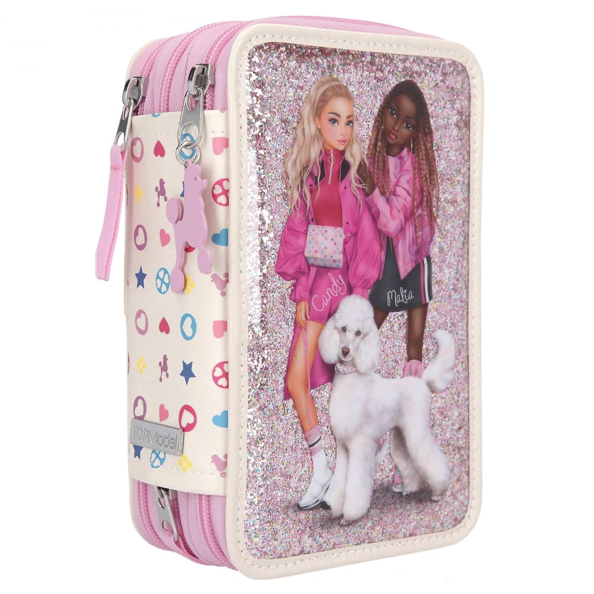 Depesche 10806 TOPModel-Gefüllte 3-Fach Federtasche Bling mit Pudel-Aufdruck, Glitzerhintergrund und Icon-Muster auf der Rückseite, Schüler-Etui in Rosa mit Buntstiften, Lineal, Schere UVM, Mehrfarbig