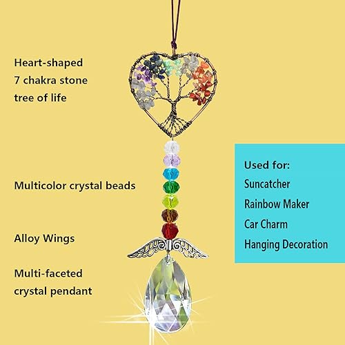 Miniatura 7 de Decoración de cristal curativo, árbol de la vida, accesorios para colgar en el automóvil, atrapasoles con alas, 7 chakras para colgar en la pared,