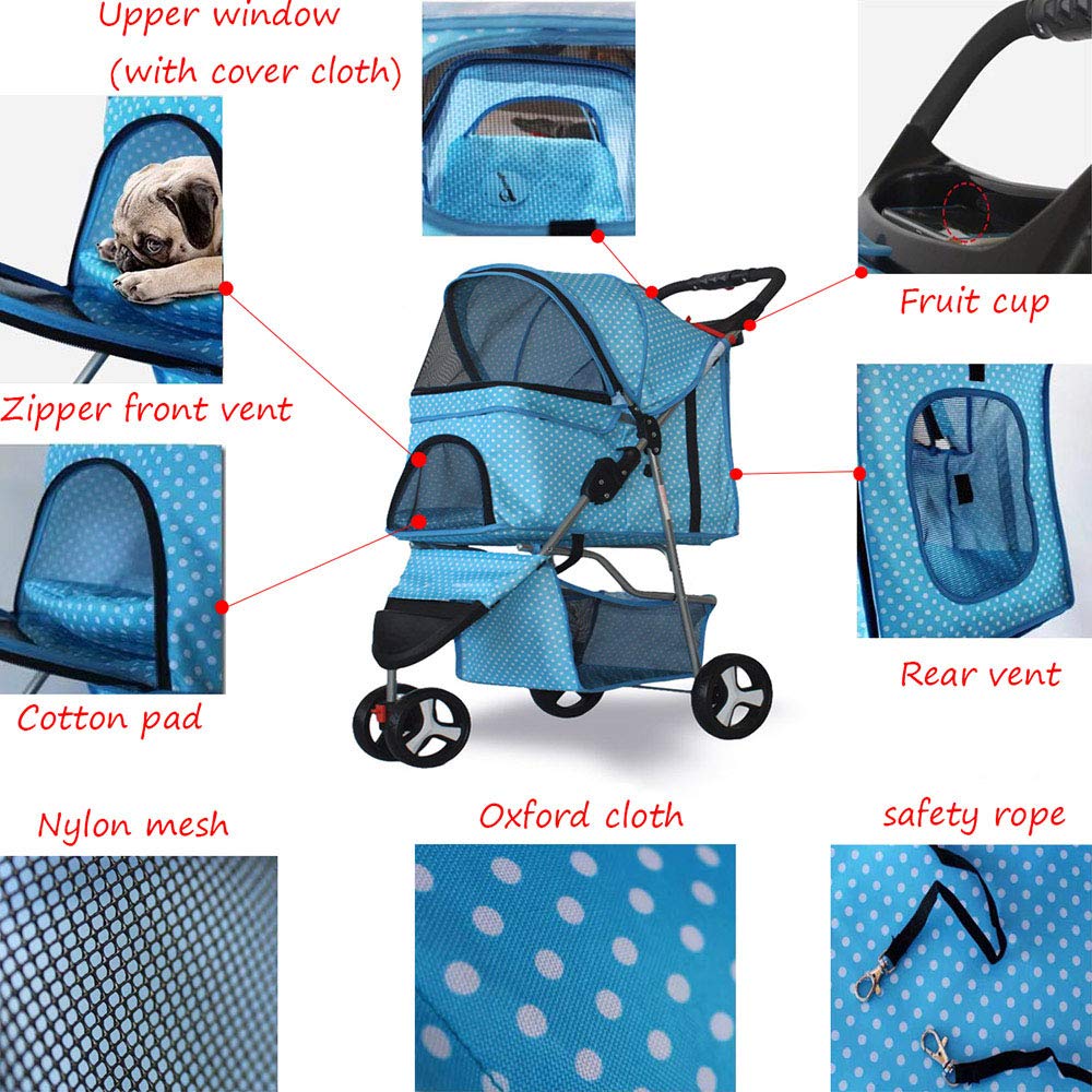 Passeggino per Animali Domestici a 3 Ruote, Leggero, da Viaggio, per Cani e Gatti di Piccola Taglia, Pieghevole, da Jogging