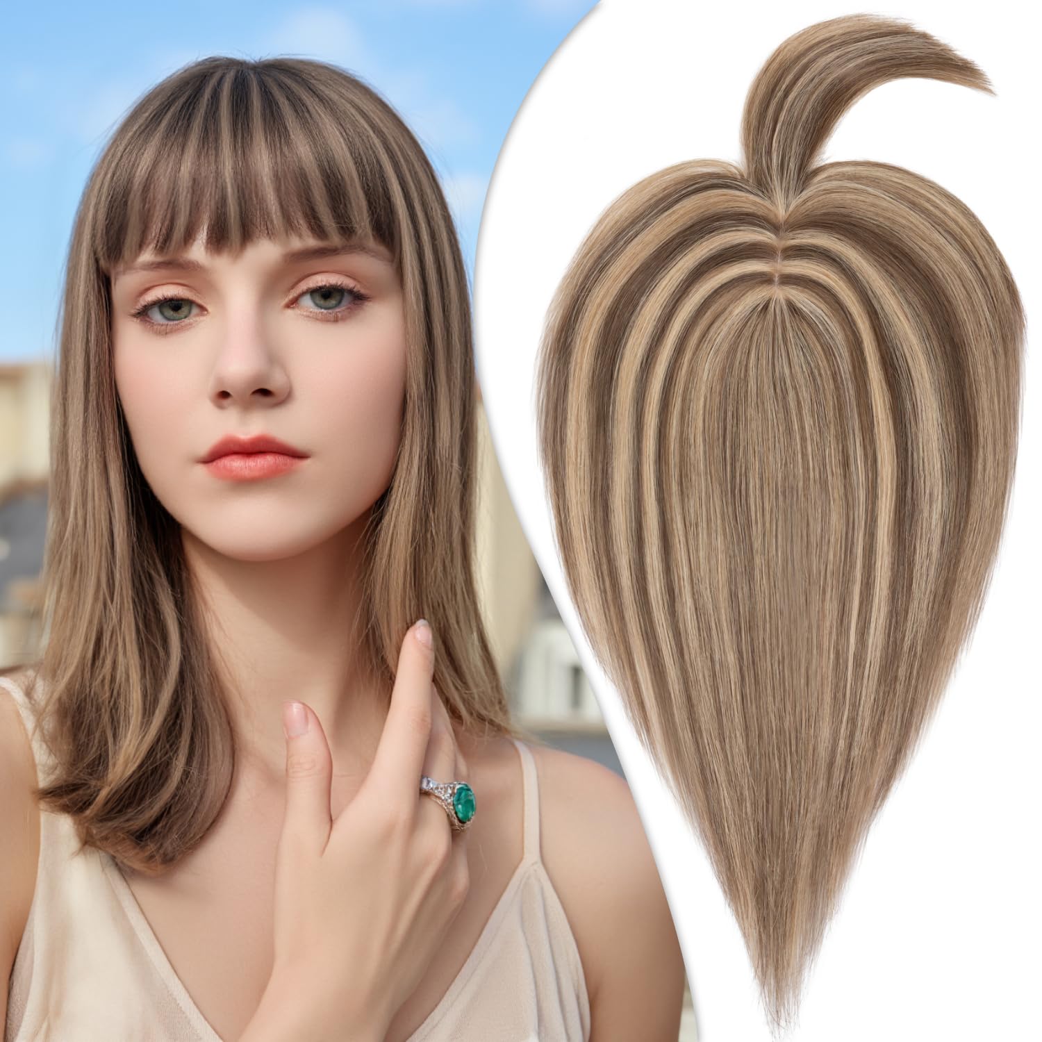 Human Hair Toppers for Women, 150% Density Hair Topper with Bang, No Tangle & Smooth, Upgrade 7x13cm Silk Base, 10 Inch #4P27 Medium Brown & Dark Blonde