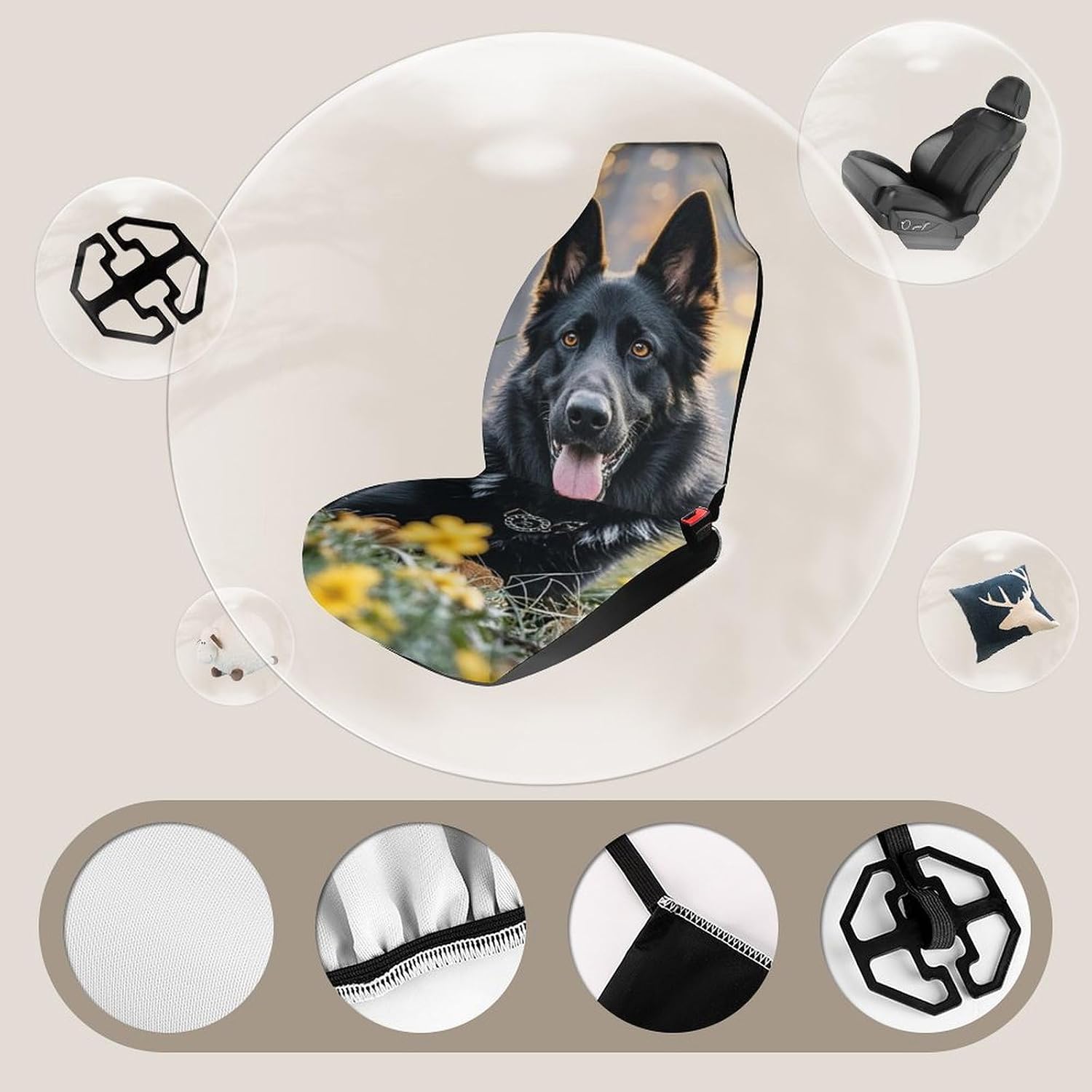 Breathable Car Seat Cover Black German Shepherd Dog Car Front Seat Protector with Elastic Band Edge Auto Seats Cushions Cars Interior Accessories Fit SUV Sedan Van Truck 2PCS