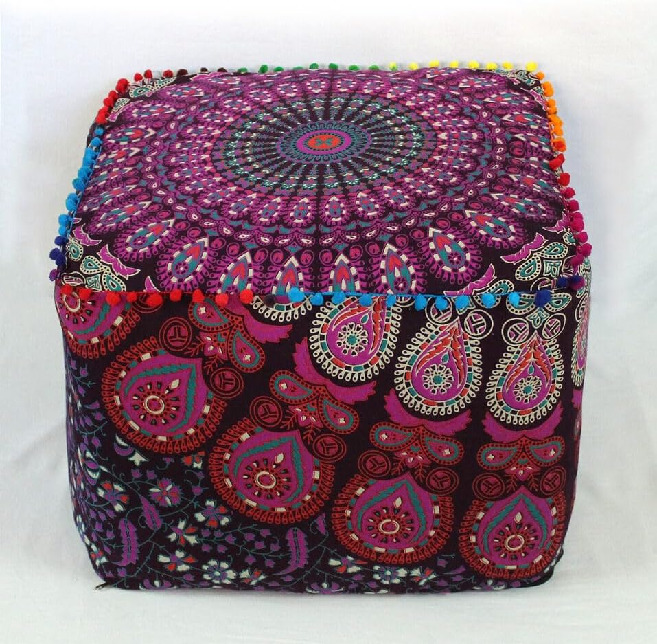 Indian Handmade Mandala | Square Ottoman Pouf Cover | Footstool Seating (Pink Peacock Mandala, 22x22x14)
