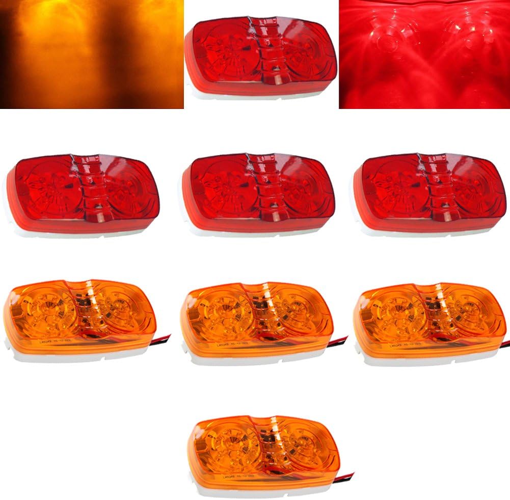 NEW SUN® 8 Pcs Trailer RV Marker LED Light, Bullseye/Tiger Eye/Double Bubble Clearance Light, 10 LED, Amber/Red 12V 4x2 Rectangular LED Side Marker Light Indicators Surface Mount, Trucks,Rvs 4*Red+4*Amber