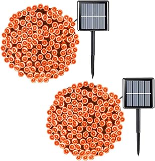 2 Pack Orange Solar Halloween Lights, Each 66ft 200 LED Outdoor String Lights, 8 Modes Orange Lights for Halloween Twinkle Lights