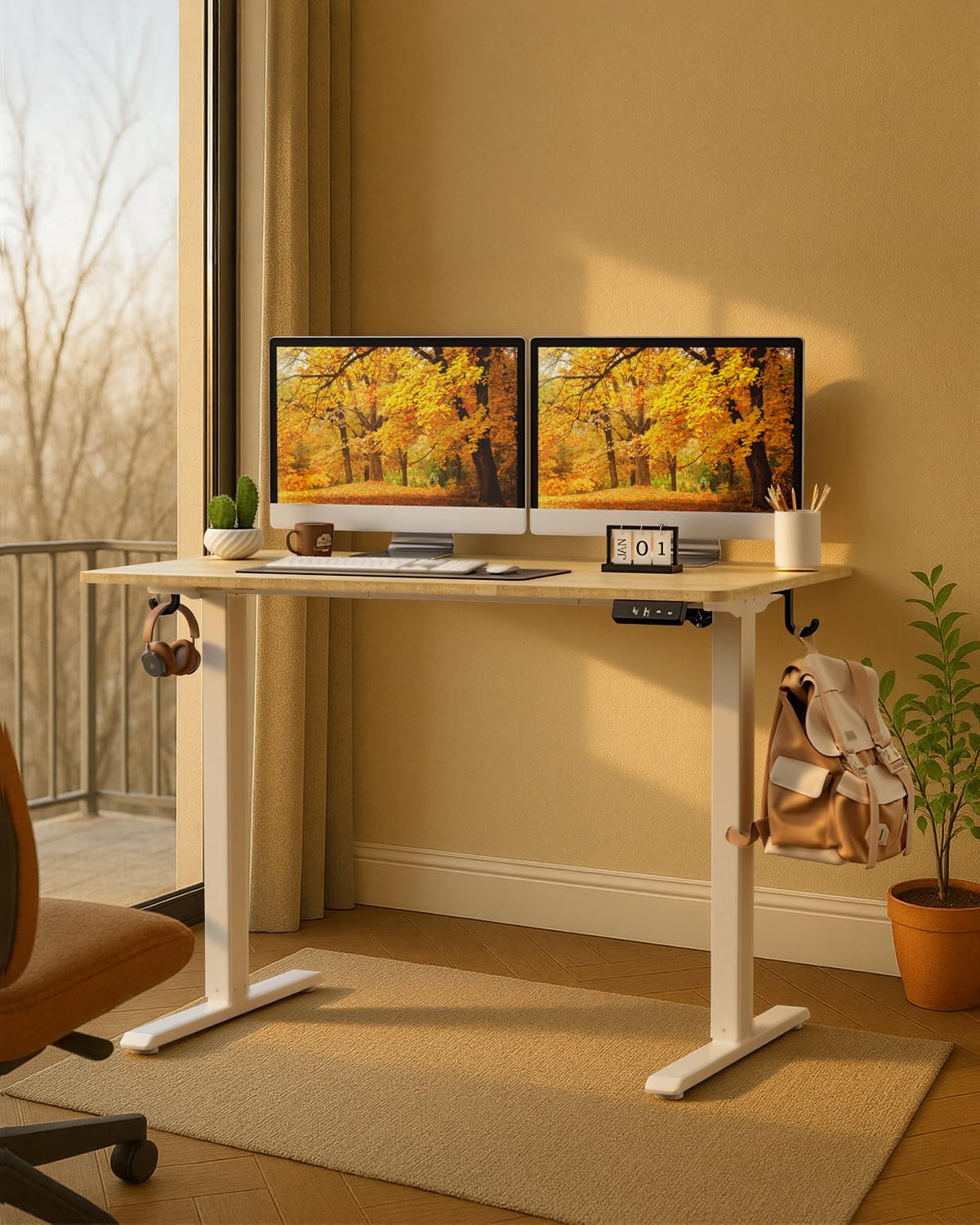 Höhenverstellbarer Schreibtisch, Schreibtisch Höhenverstellbar 100 x 60 cm, Memory Preset mit 2 Höhen, Einfache Montage, für Home Office, Arbeitszimmer und Spiele, Naturholz