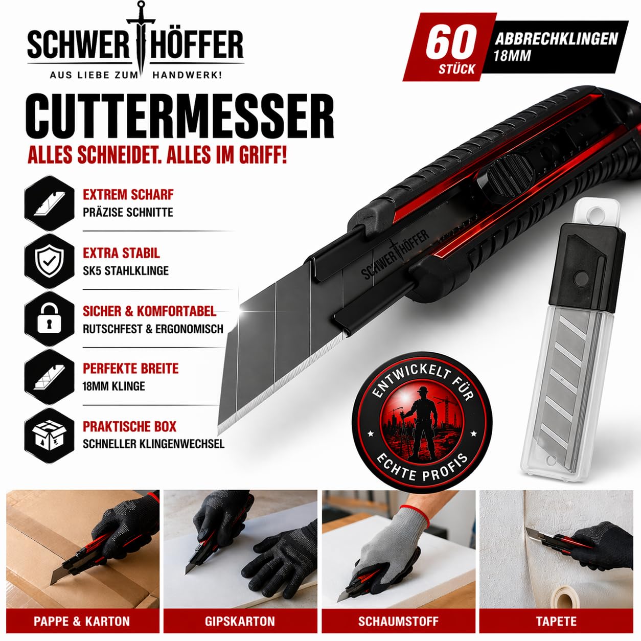 60x Profi Cuttermesser Klingen 18mm - Ersatzklingen Cuttermesser aus hochwertigem Stahl - Cutter Messer - Gehärtet & ultra scharf - Abbrechklingen für Cutter Messer