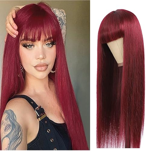 Miniatura 1 de Pelucas largas de cabello humano lacio de color burdeos, hechas a máquina con flequillo, pelucas 99J sin encaje frontal, 100% cabello humano
