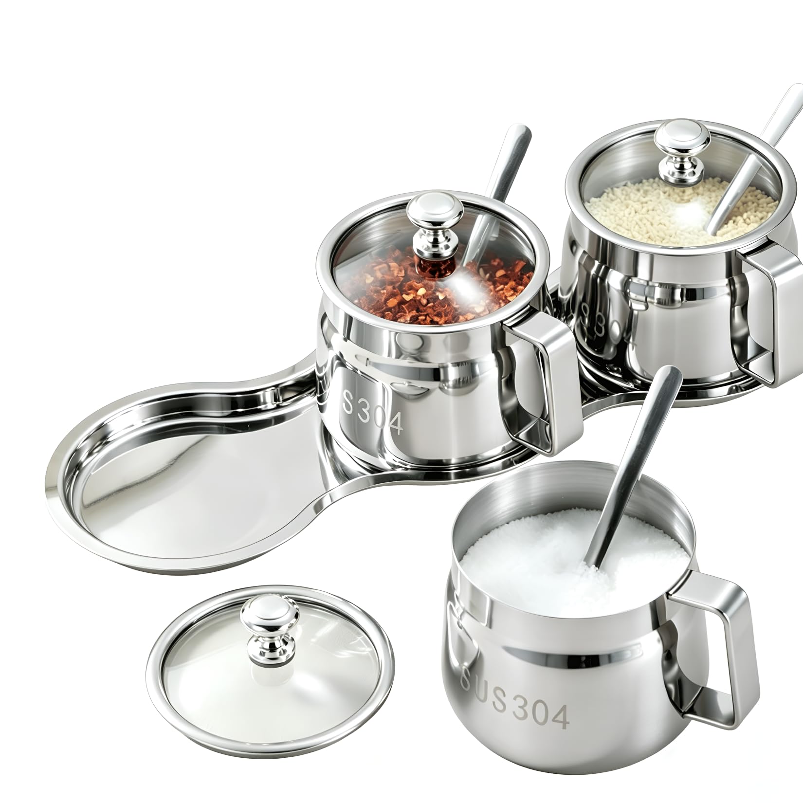 Juego de 3 tarros de especias de acero inoxidable 304, para condimentos con tapas transparentes, cucharas y bandeja, recipientes para condimentos aptos para alimentos para sal, azúcar, pimienta()