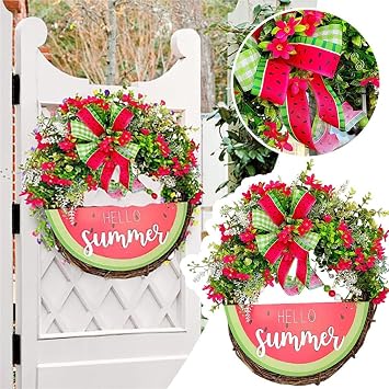 Sweet Summertime Watermelon Wreath: Vibrant Front Door Décor with Artificial Bow, Perfect for Windows, Walls, and Offices - 15.7in Size