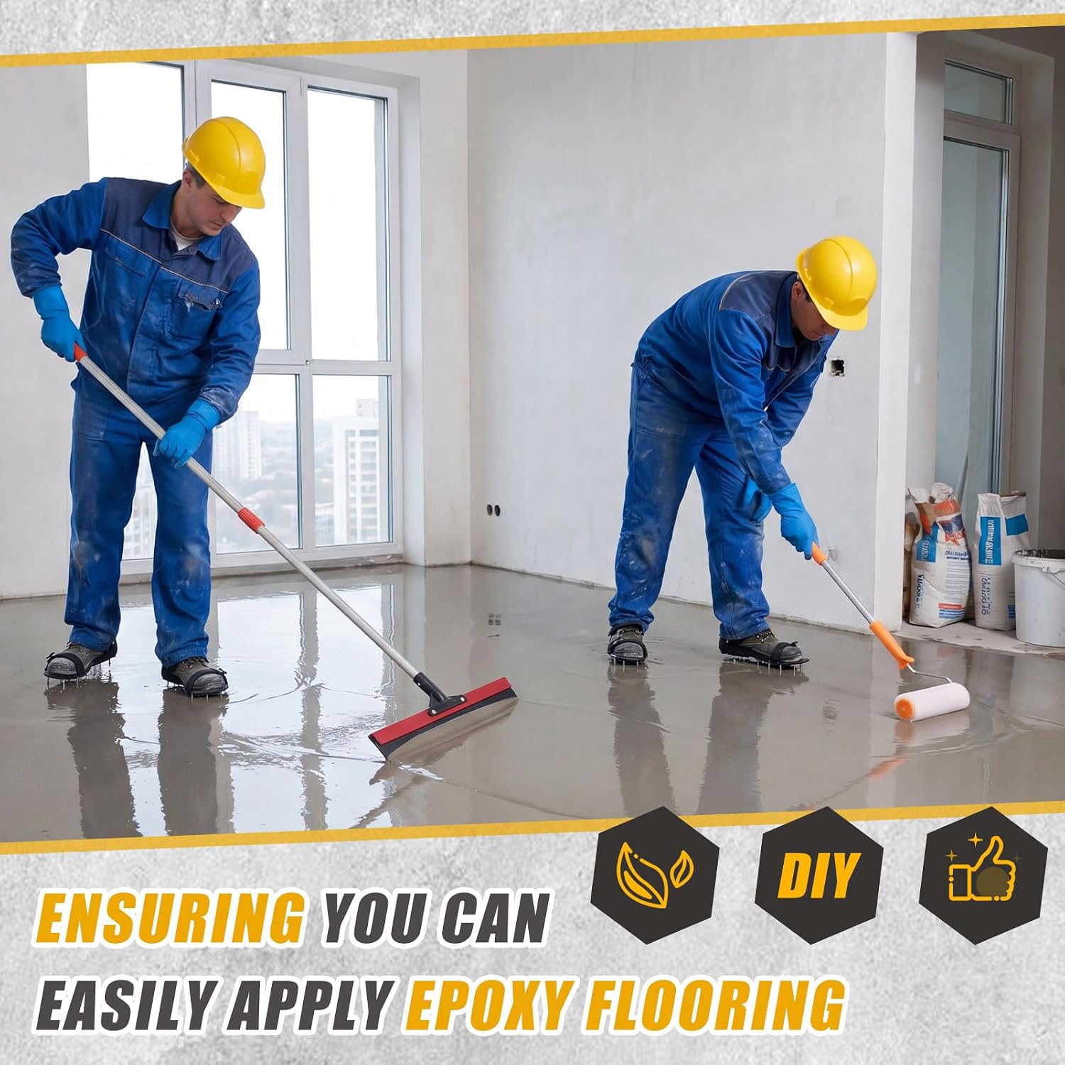 Garage Epoxy Floor Coating Tool Kit with Spike Shoes - Complete DIY Concrete Floor Application Set with Roller, Squeegee, Mixer, Gloves & Flakes -Easy Install for Garage, Basement & Workshop Floors