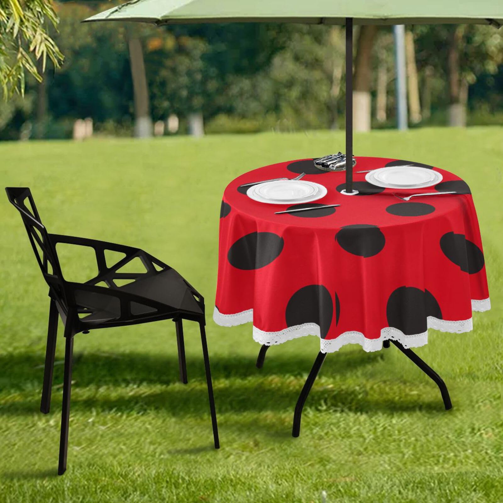 Outdoor Tablecloth with Umbrella Hole Ladybugs Red Black Polka Dot Fitted Tablecloth Zippered Patio Table Cloths 20''-48'' Round Elastic Table Cover for Circular Table BBQs Picnic