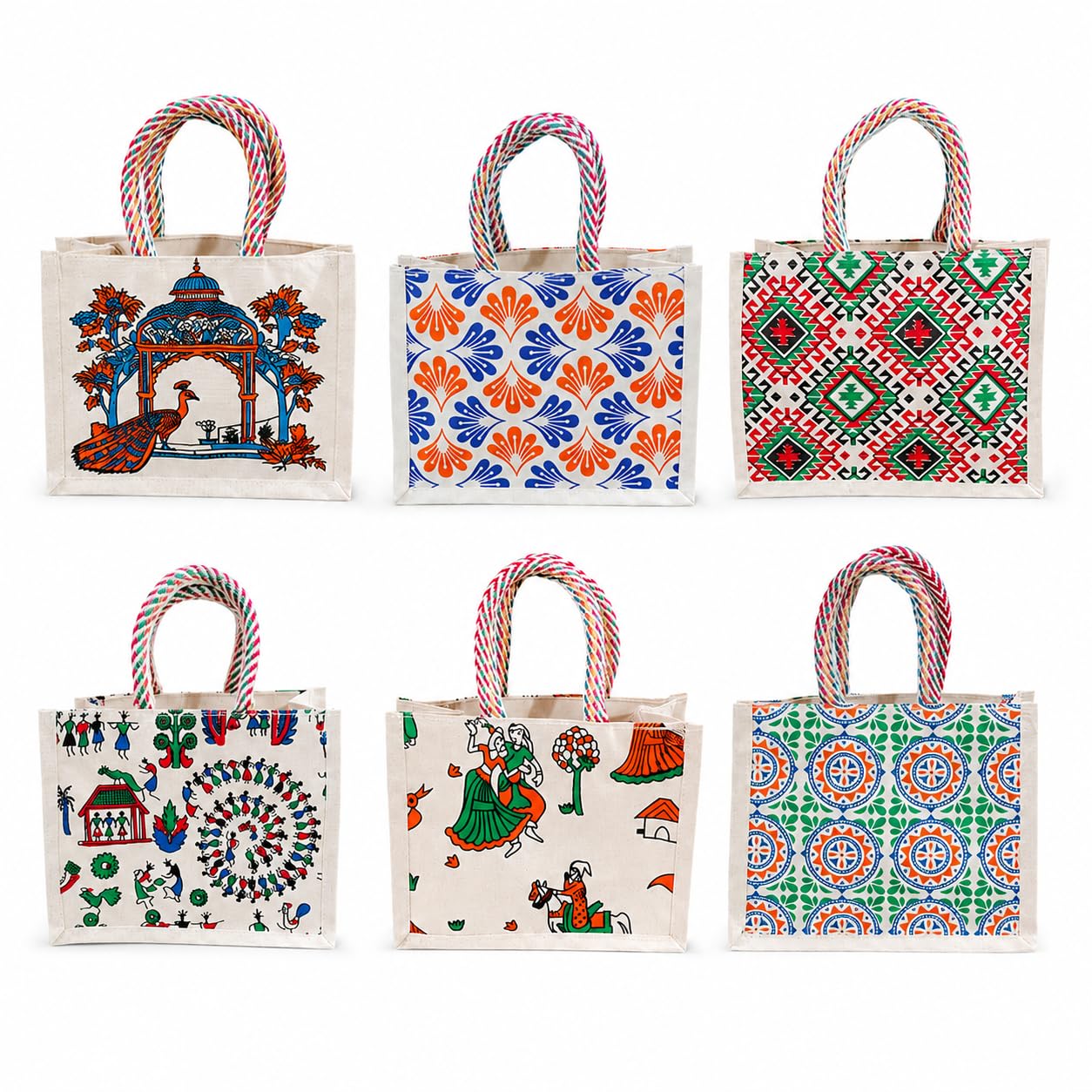 MARU ECOBAGS 6 Pcs Premium Canvas Gift Bags with Braided Rope Handles | Small Ethnic Printed Reusable Return Gift Bags for Wedding, Housewarming, Baby Shower, Pooja, Thamboolam & Party Favors (Multicolor))-image-47