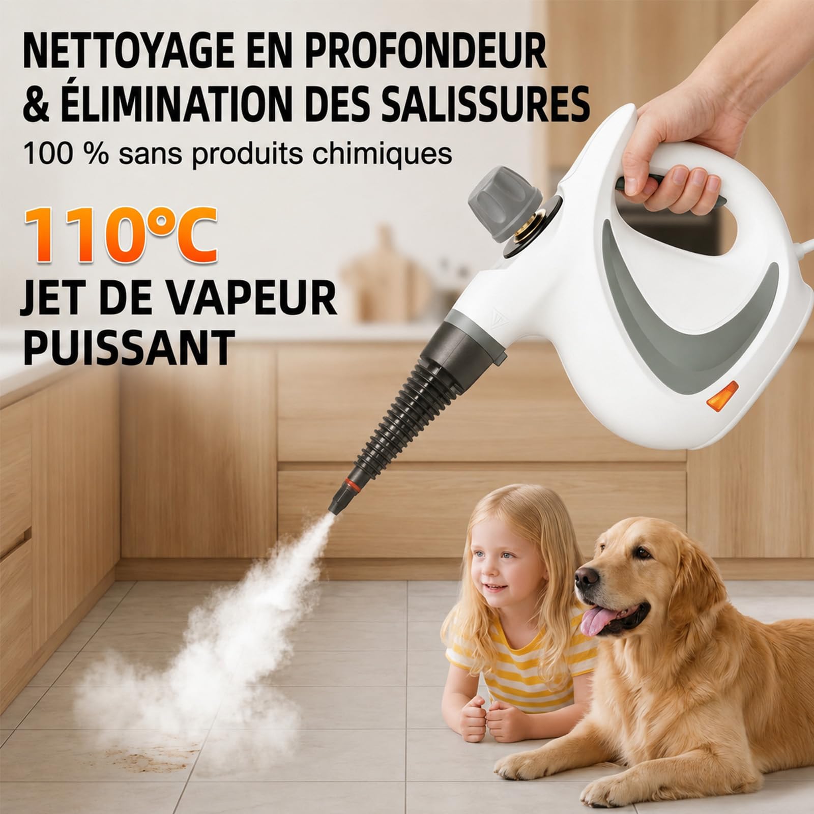 Nettoyeur vapeur à main portable 135 °C, pression 3,5 Bar, kit avec 9 accessoires multifonctions, nettoyeur à vapeur haute température pour salle de bain, cuisine, joints, sols