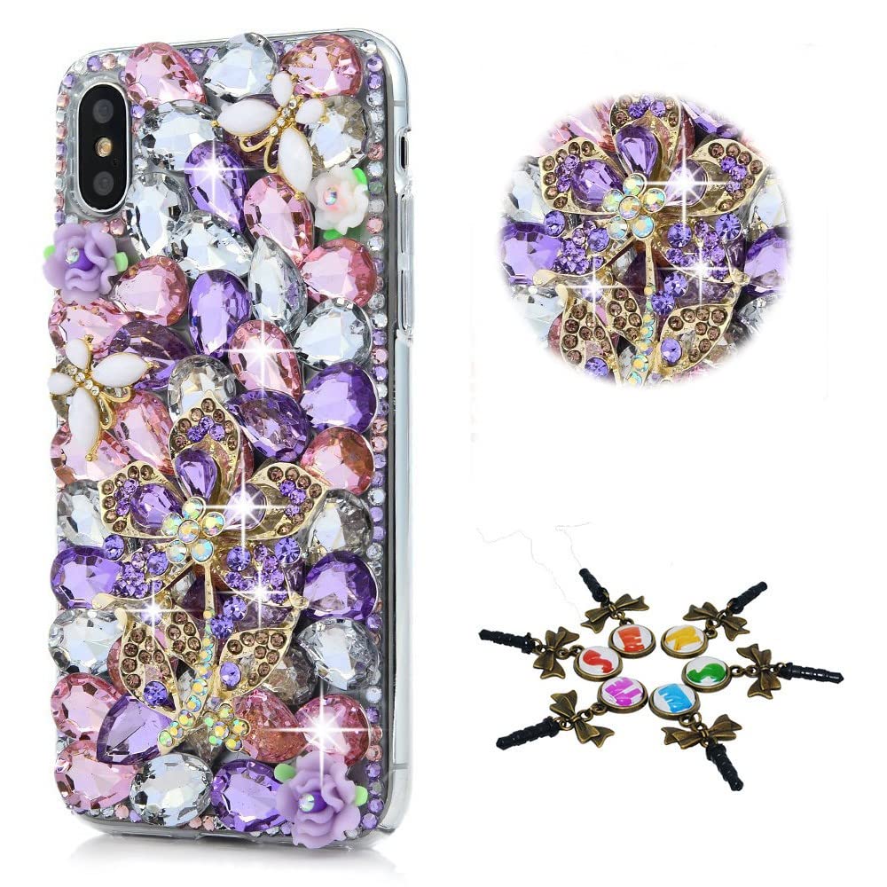 STENES Sparkle Case Compatible with Samsung Galaxy A15 5G Case - Stylish - 3D Handmade Bling Butterfly Flowers Rhinestone Crystal Diamond Design Girls Women Cover - Purple