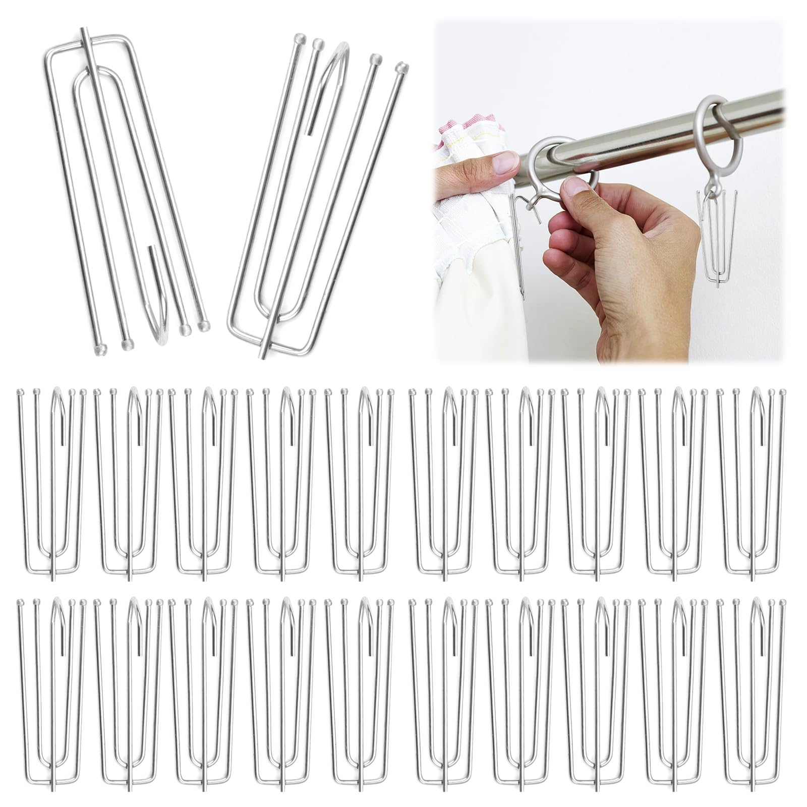 40 Ganci Per Tende In Acciaio Inox - 4 Denti, 7.2 Cm, Per Tende Pesanti E Leggere