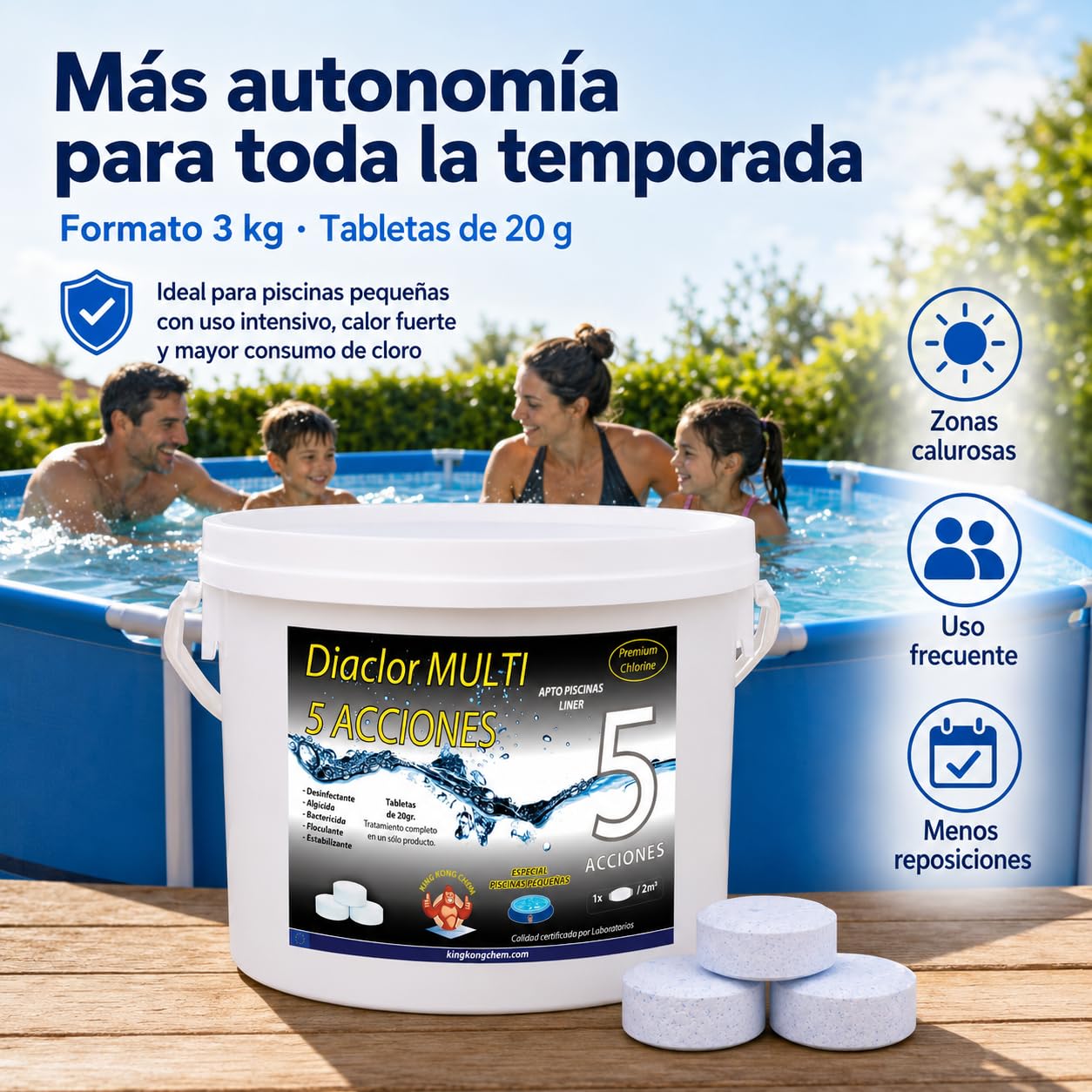 Cloro Piscinas Pequeñas DIACLOR Multi 5 ACCIONES 3 KG - Pastillas de Cloro Lento (20 gr- 3 cm Diámetro) - Tratamiento Completo Multiacción - SIN Cobre -