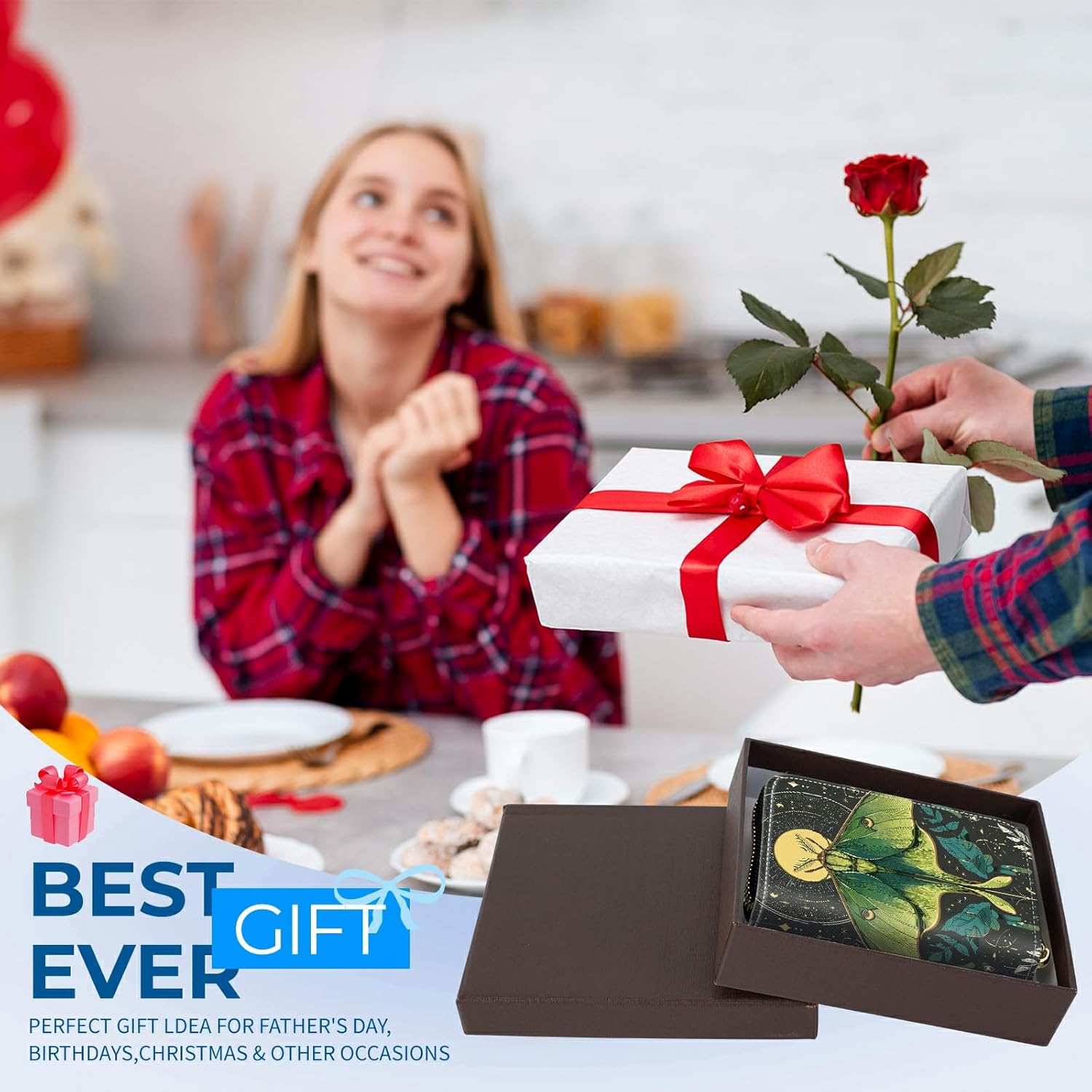 Zipper Wallet for Women, RFID Blocking Small Credit Card Holder with Accordion Design, Compact PU Leather Zipper Purse with Gift Box, Green Moth Moon Pattern - Image 7