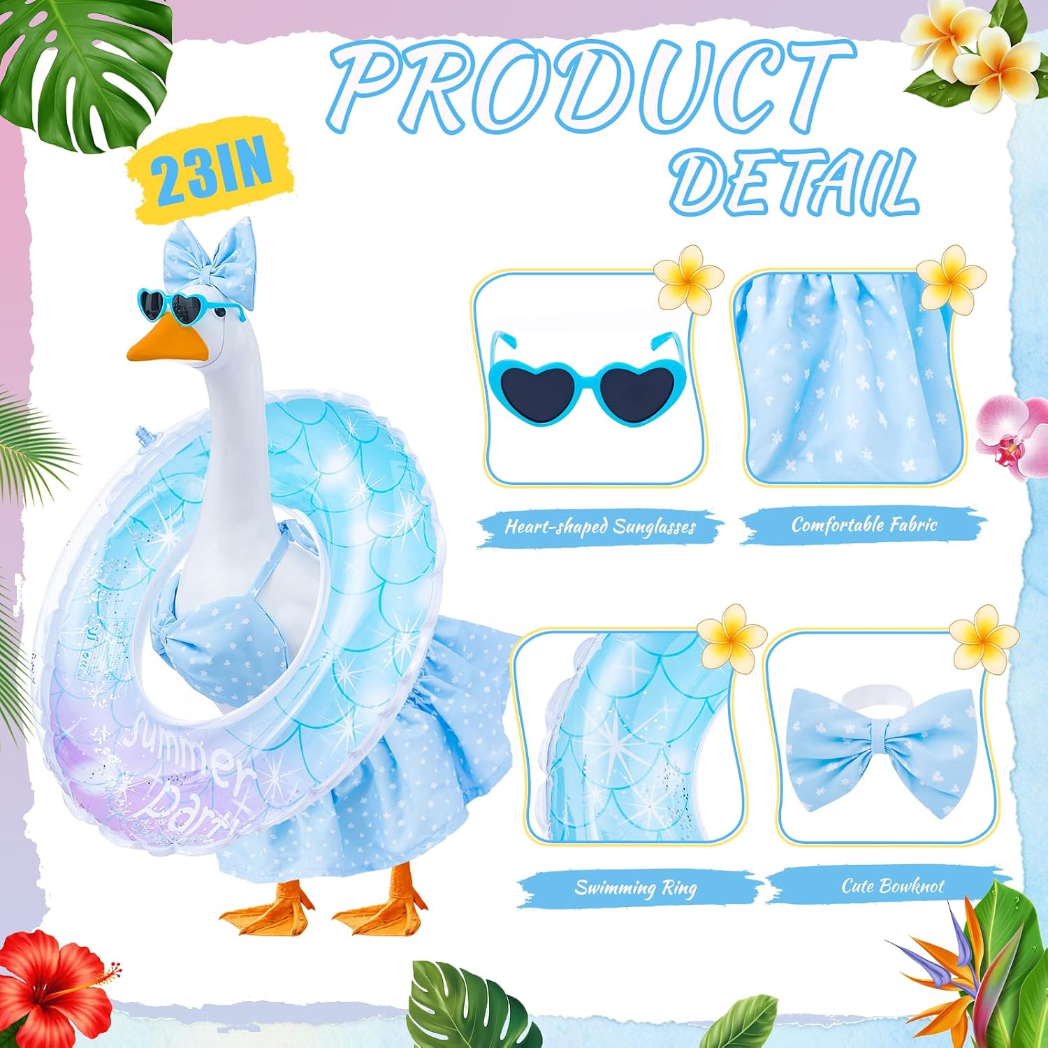 Bikini Porch Goose Outfits Fits 23" Goose Statue Summer Porch Goose Outfit with Sunglasses and Swim Ring Hawaiian Porch Goose Clothes Costume for Outdoor Garden Lawn Yard Decor(Blue Flower)