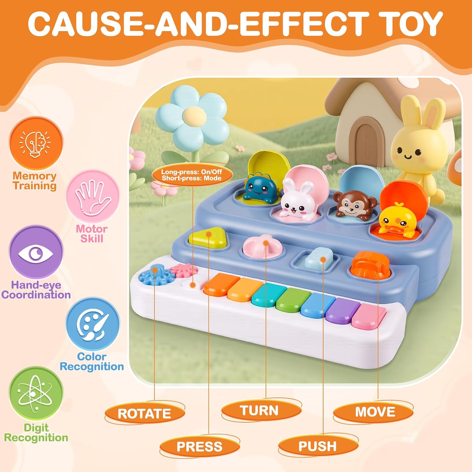 Montessori Pop Up Animal Toy for Toddlers, Mini Baby Musical Toy with Piano Keys & Lights, Interactive Cause and Effect STEM Learning Toy for Infants 6-12 Months, Birthday Gift for 1 2 3 Year Old