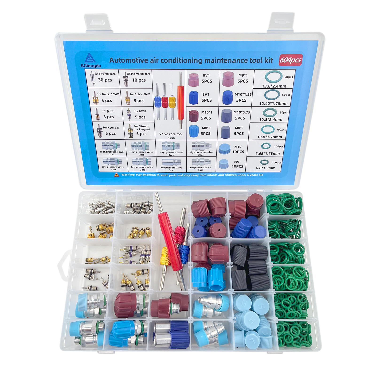 Kit de 604 piezas de núcleo de válvula de aire acondicionado R134a y tapón antipolvo para coche, caja de herramientas de mantenimiento del sistema de aire acondicionado, junta tórica, válvula
