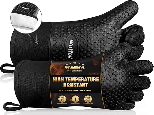 Walfos Silicone BBQ Gloves - Heat Resistant Grilling Gloves, Premium Non-Slip Kitchen Silicone Oven Mitt With Protective Cotton Layer Inside, Waterproof, Great for Grilling, Kitchen and Cooking, Black