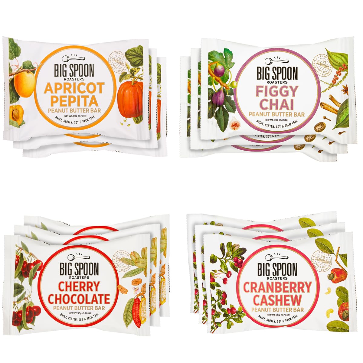 Big Spoon Roasters Nut Butter Bars Pack Cherry Pecan, Apricot Pepita, Cranberry Cashew & Figgy Chai High Protein Bars Variety Pack with Non GMO Pea Protein 12 Count (3 of Each Flavor) 1 Case Variety