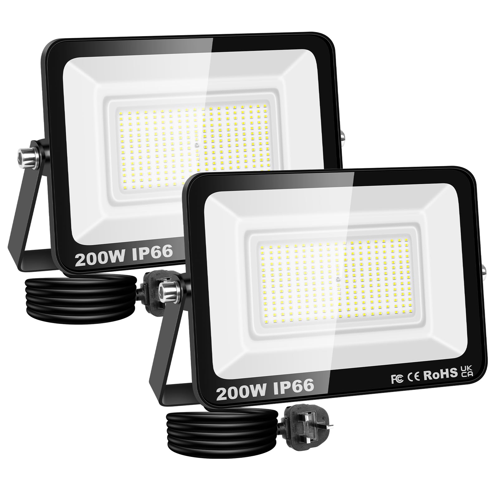 SKYWORLD 2X 200W Hardwired+Plug LED Flood Light, IP66 Waterproof Bright White Security Lighting for Commercial/Residential Outdoor Spaces 6000K