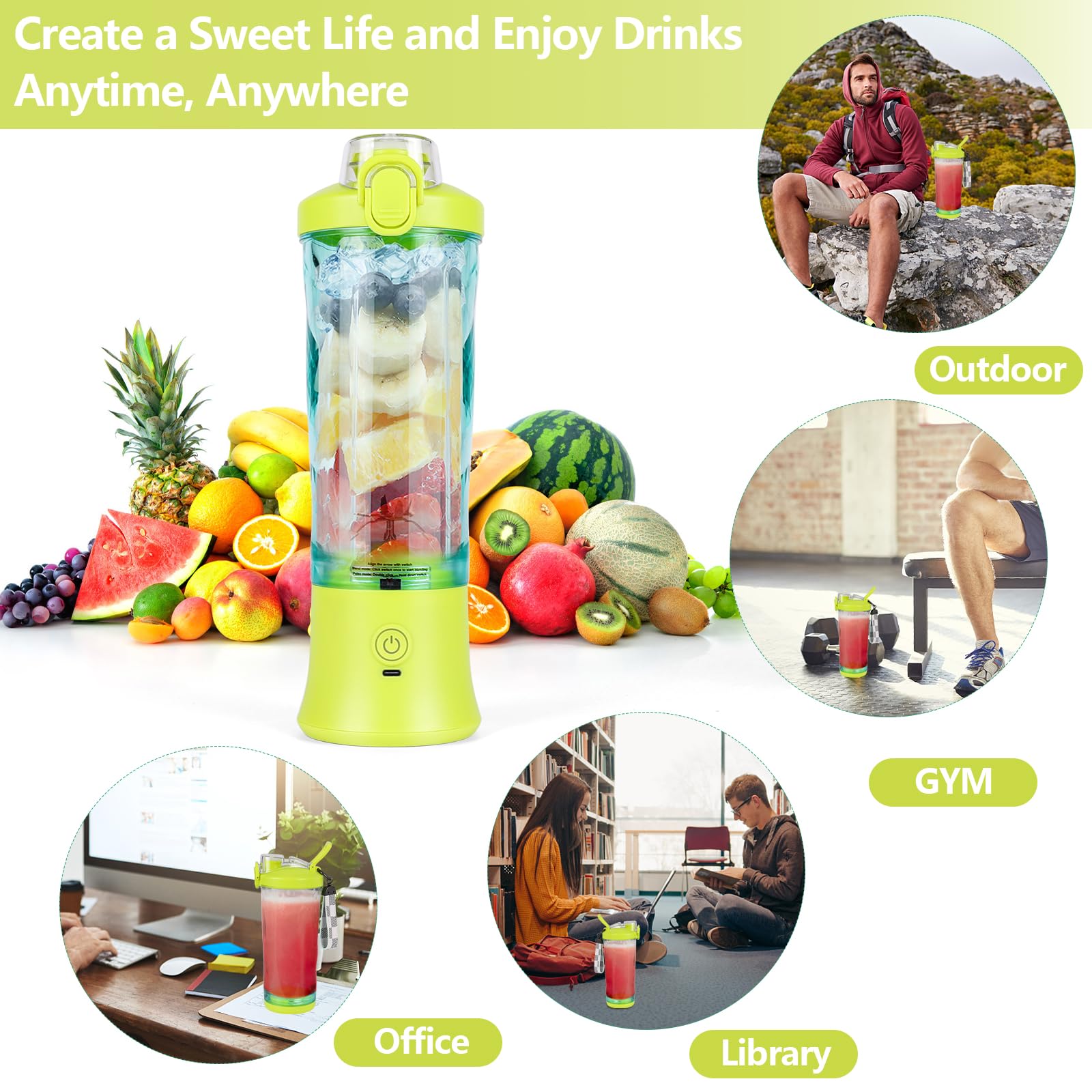 Dreamhigh Mikser Smoothie Maker, 600 ml, przenośny mikser do smoothie i shake'ów z 6 ostrzami, 4000 mAh, mini mikser może wycisnąć 25 filiżanek soku do biura, na kemping i w podróży (żółty)