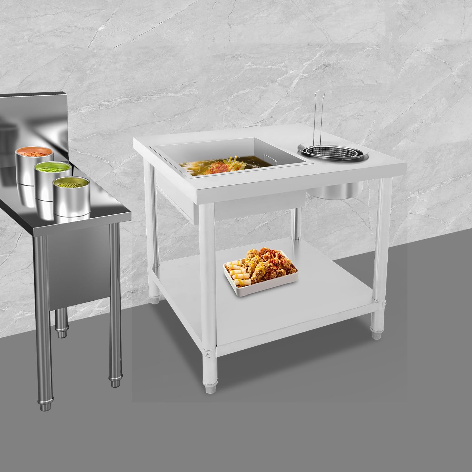 Mesa de preparación de pollo frito con 2 cuencos, mesa para preparar pollo frito, 2 cestas, estante inferior, patas ajustables en altura, 80 x 55 x 80 cm, para comida rápida, restaurante