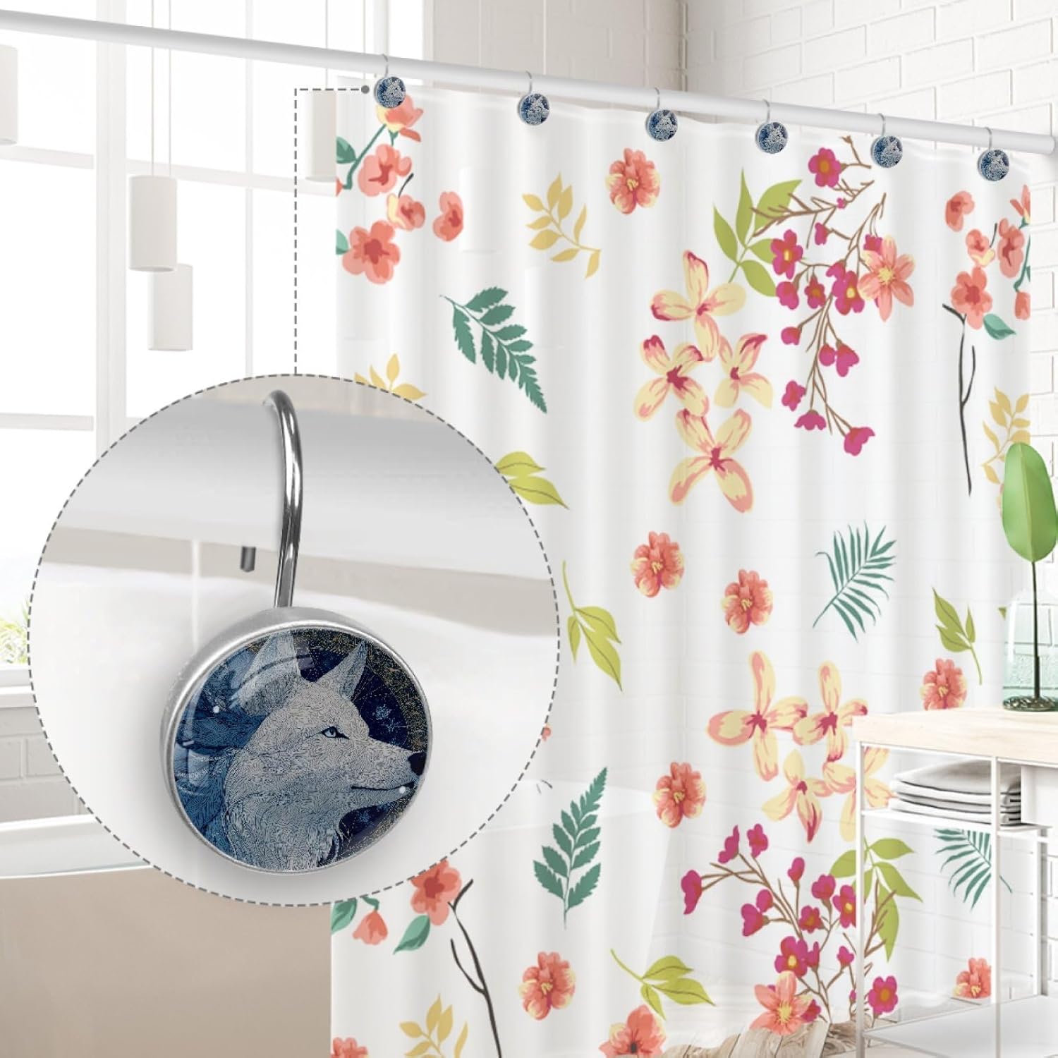 12 Packs Cool Wolf Shower Curtain Hooks, Stainless Steel Glass Shower Curtain Rings for Bathroom Decor, Metal Rustproof Curtain Rod Hooks