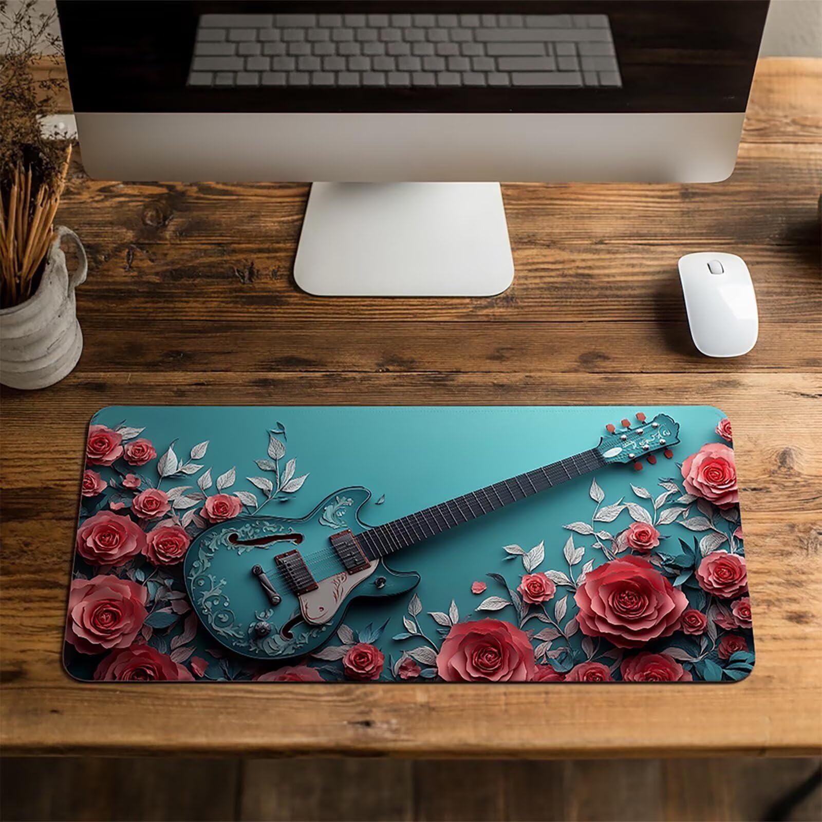 Wodoodporna podkładka pod mysz w kwiaty podkładka pod mysz do gier z antypoślizgową gumową podstawą szyte krawędzie, podkładka pod mysz Gitara do laptopa Klawiatura Deco Biuro Prezent dla mężczyzn 60