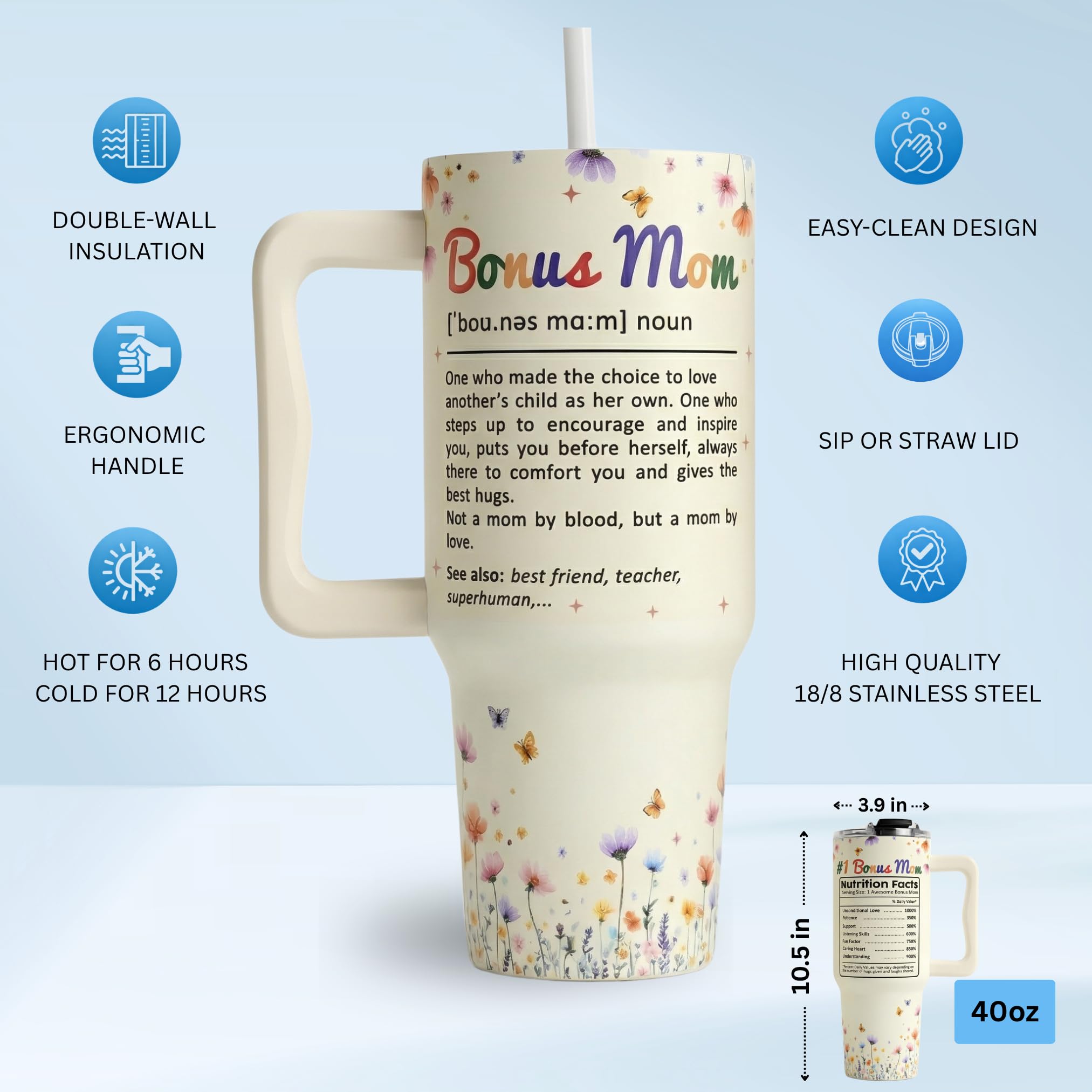 Bonus Mom Gifts 40 Oz Tumbler with Handle and Straw, Bonus Mom Gift with Funny Nutrition Facts Design, Gifts for Step Moms, Birthday Gifts for Bonus Moms from Daughter, Son or Family