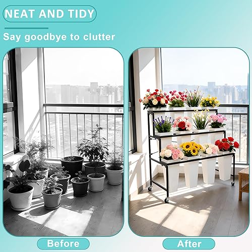 Miniatura 6 de Soporte de exhibición de flores de 3 niveles, soporte móvil de metal para plantas con 12 cubos, carrito de flores con ruedas, adecuado para