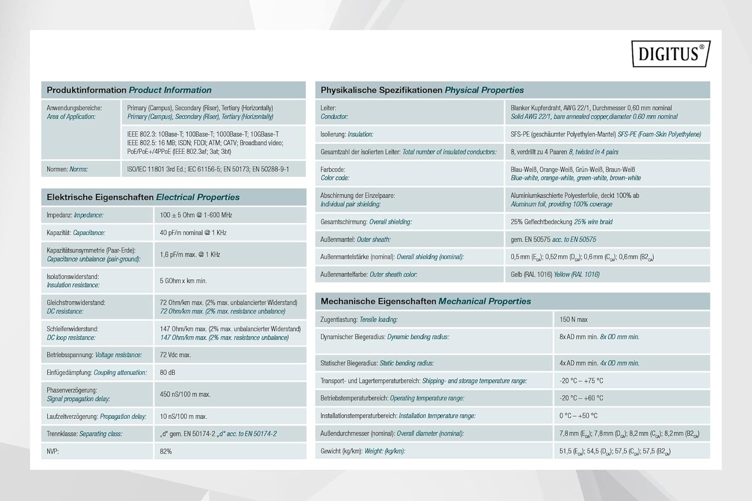 Digitus 100 m Cat 7A Network Cable - S-FTP (PiMF) Simplex - BauPVO Dca - LSZH Halogen Free - 1500 MHz Copper AWG 22/1 - PoE++ Compatible - LAN Cable Installation Cable Ethernet Cable - Yellow