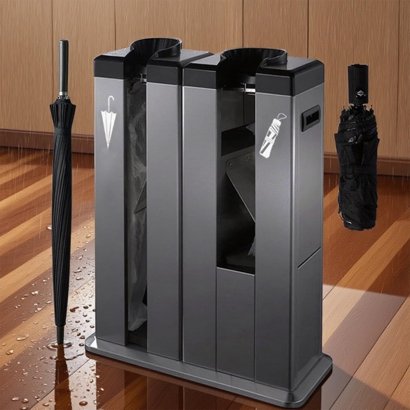 Portaombrelli nero e involucro per borsa bagnata per mantenere i pavimenti asciutti, perfetto per hotel e banche, soluzione elegante per ingresso, design durevole e funzionale