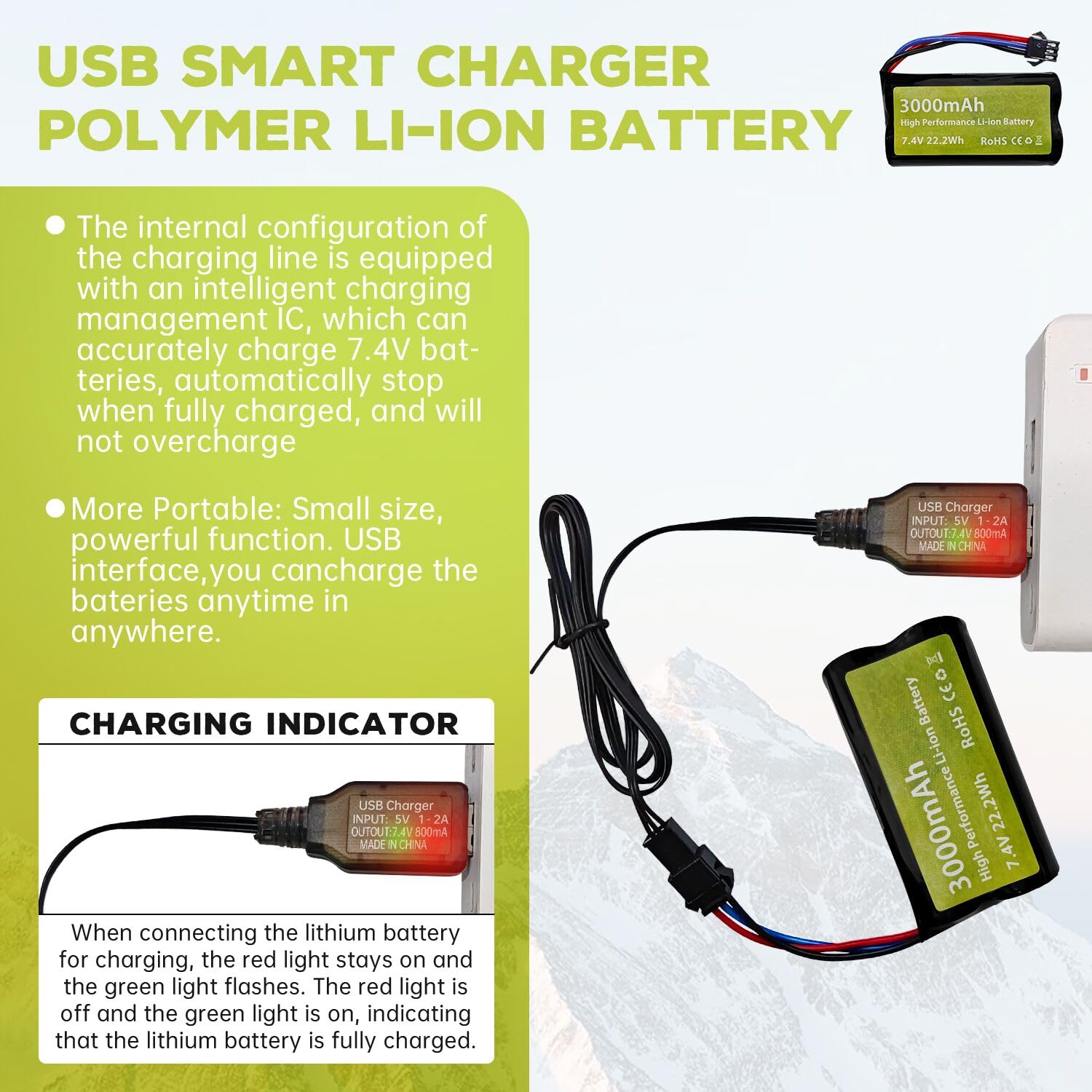 ZYGY 2PCS 7.4V 1500mAh SM-3P Batería de Litio con Cable de Carga USB para un Auto de Control Remoto de Carreras DE43 DE60 RC 1575 Auto de ingeniería Coche de Juguete ZYGY 2PCS 7.4V 1500mAh SM-3P Batería de Litio con Cable de Carga USB para un Auto de Control Remoto de Carreras DE43 DE60 RC 1575 Auto de ingeniería Coche de Juguete