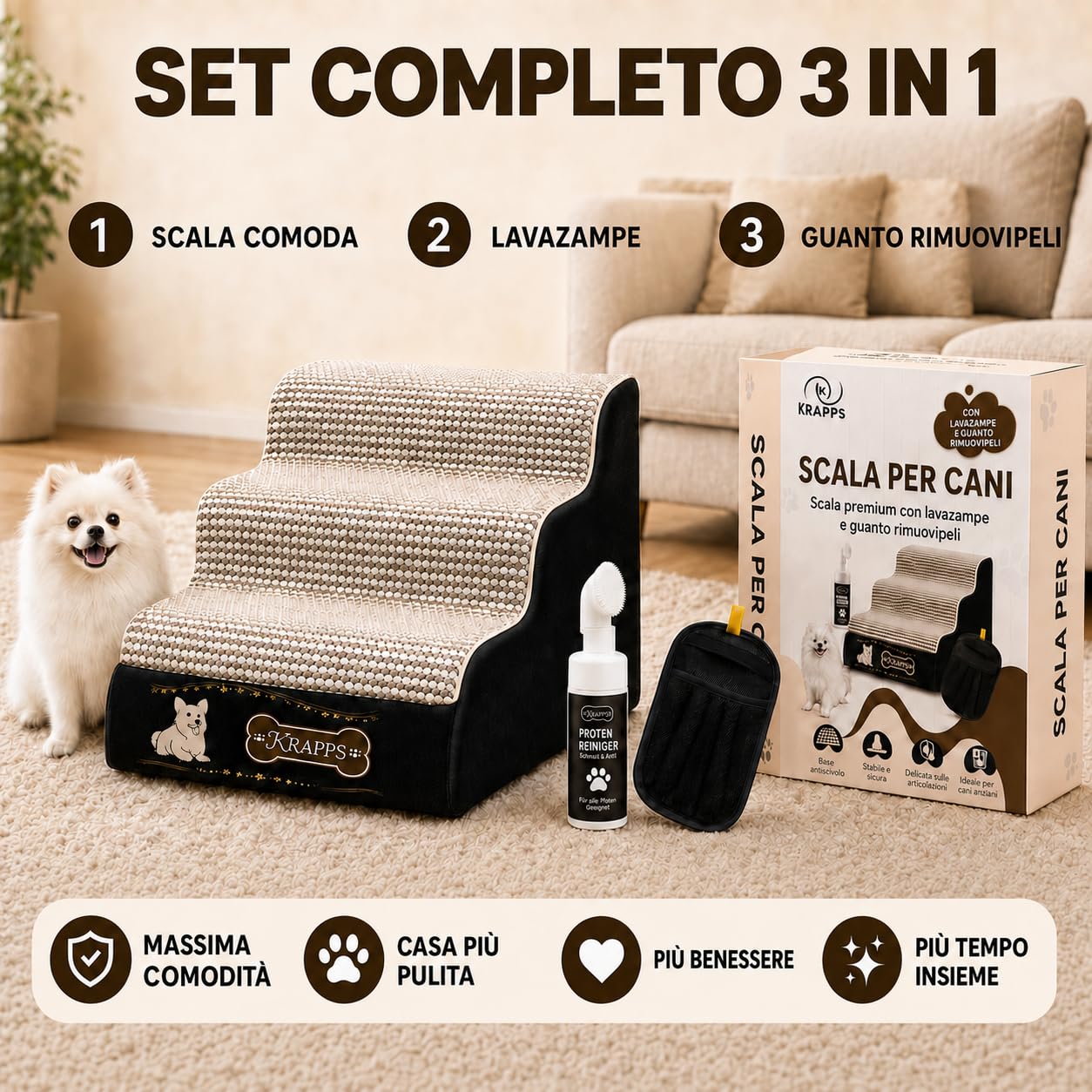 Scaletta per Cani a 3 Gradini con Lavazampe e Guanto Rimuovipeli | Scala per cani per letto e divano, schiuma 30D, rivestimento sfoderabile e idrorepellente, base antiscivolo, 40 x 60 x 40 cm