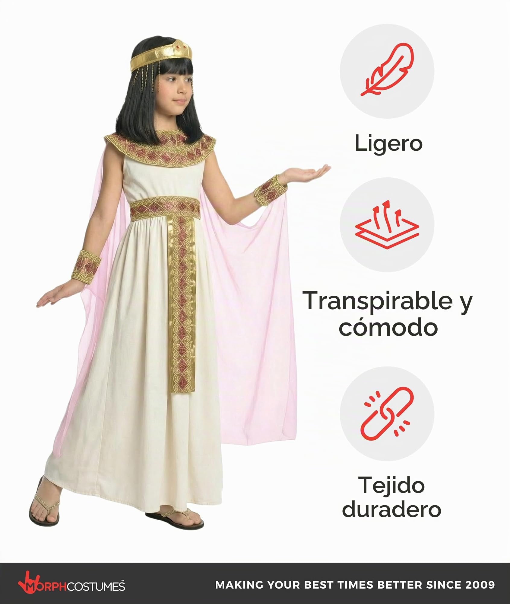 Morph Disfraz Cleopatra Niña, Disfraz Egipcio Halloween Niña | Vestido, Capa, Collar & Tocado, Reina del Nilo, Cierre de Velcro, Perfecto para Halloween, Ideal para Juegos de Rol