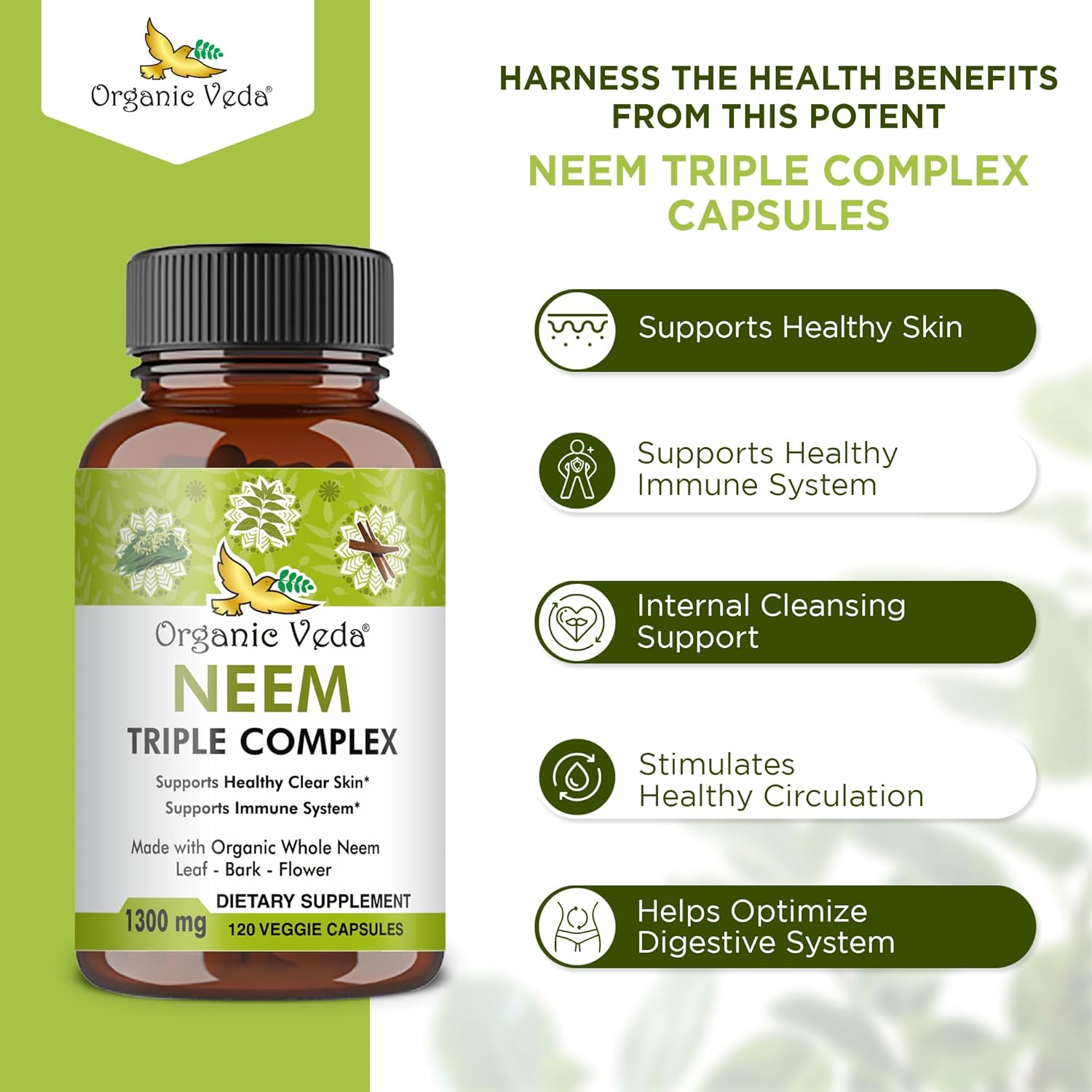 Organic Veda Neem Capsules Triple Complex Neem Leaf, Bark & Flower Extracts - Herbal Supplement for Acne, Cleanse & Clear Skin Health - Boost Immune, Gut Health for Women & Men - 120 Vegan Capsules - Image 4