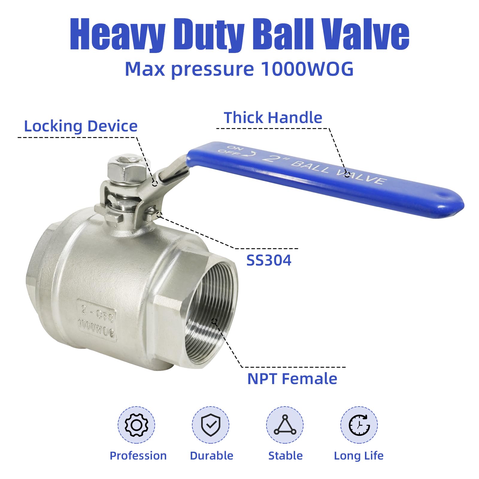 Paquete de 2 válvulas de bola NPT hembra de acero inoxidable 304 de 2 pulgadas, válvula de bola de puerto completo, válvula de cierre de 2 pulgadas para agua, aceite y gas con dispositivo de bloqueo,