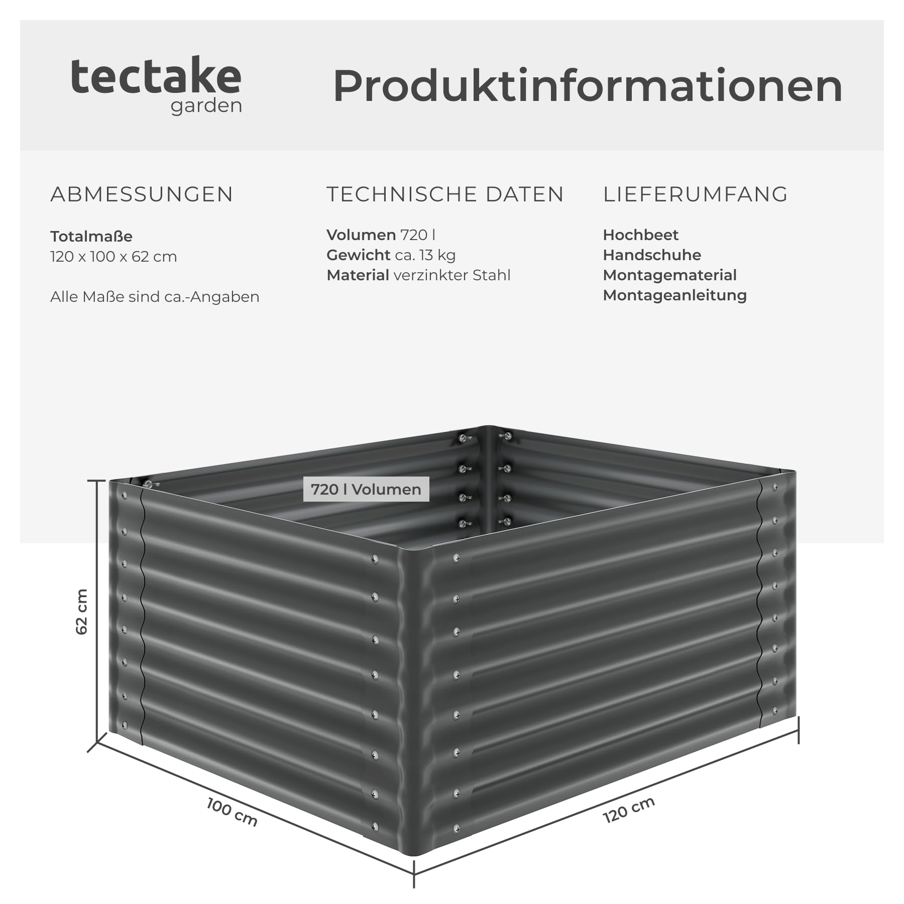 tectake® Hochbeet, 120 x 100 x 62 cm, verzinkter Stahl, abgerundete Kanten