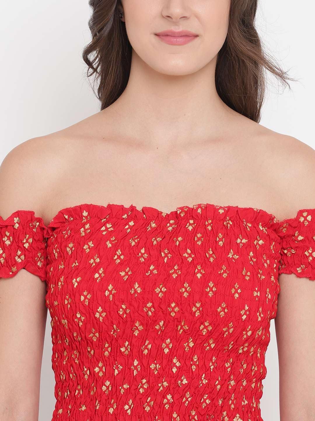 Zenvy Crafts Women's Rayon Printed Off-Shoulder Smocked Crop Top Short Sleeve Casual Styles Tank Top (Free Size) Multi9