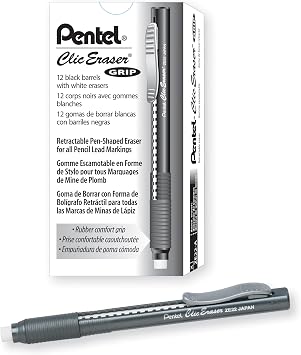 Pentel Clic Eraser Grip, Retractable Eraser, Black Barrel, Box of 12 ZE22A