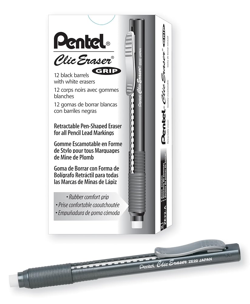 Pentel Clic Eraser Grip, Retractable Eraser, Black Barrel, Box of 12 (ZE22A)