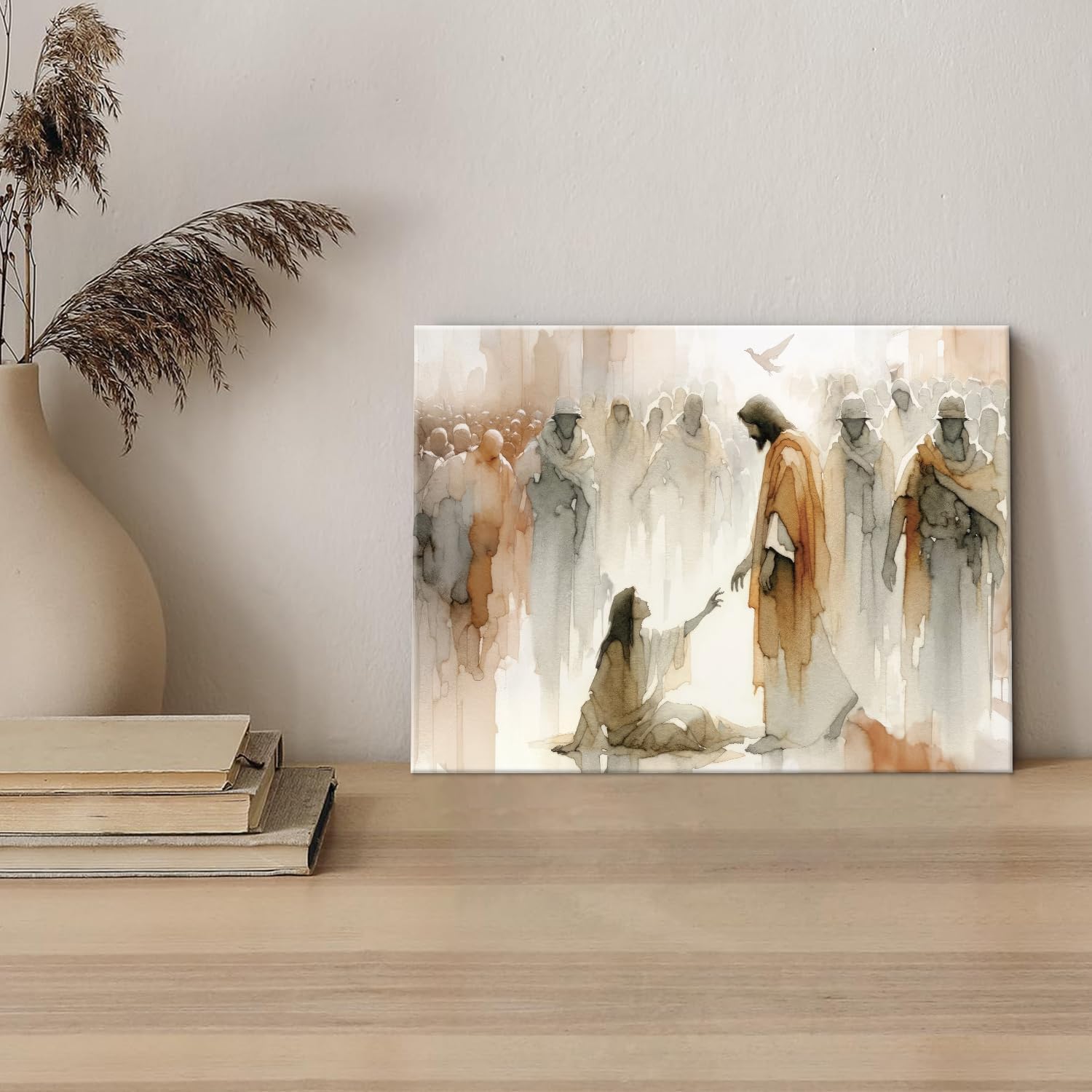 Jesus Heals The Woman Wall Art Woman Touches The Hem Of Jesus' Skirt Wall Decor picture Watercolor Bible Stories Canvas Poster print Artwork for Christian Living Room Home Decor 16x24in Wrapped Canvas
