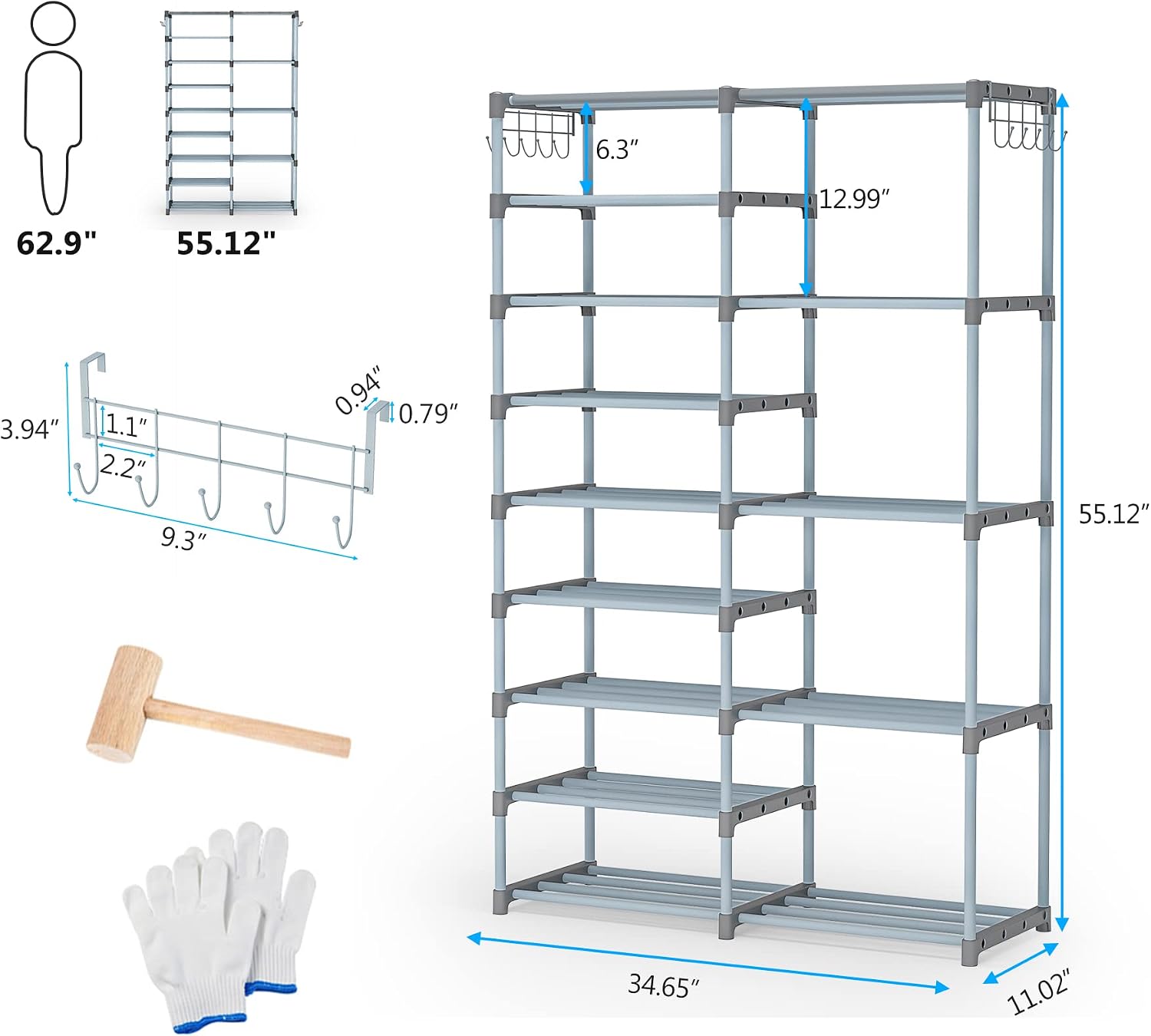 Tribesigns 9 Tiers Shoe Rack, 28-32 Pairs Large Separable Shoe Organzier 9-Tier +5-Tier Metal Boot Shelf with Side Hooks Shoe Tower Space Saving Shoe Storage Cabinet for Entryway Room Organization