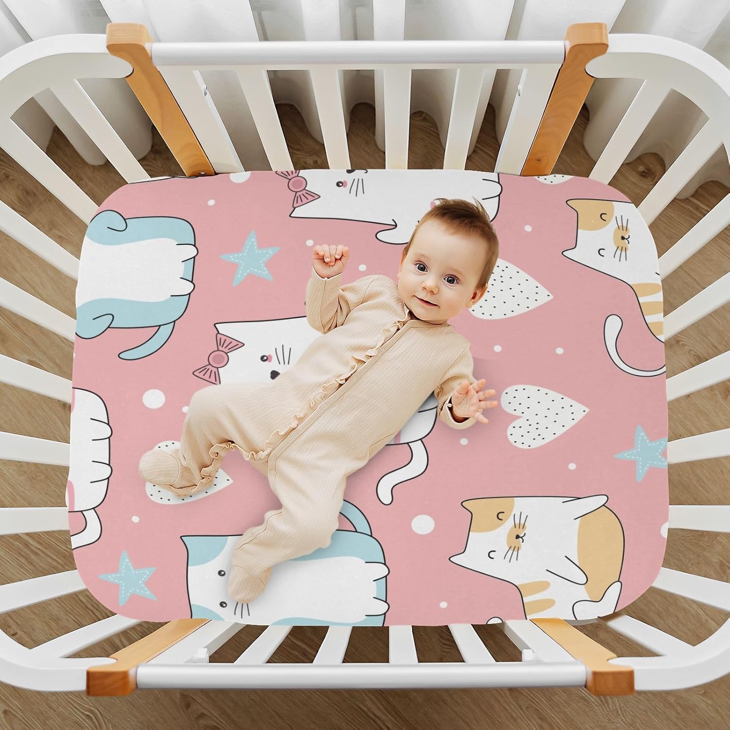 Cute Cat Crib Sheets Stretchy Portable Sheets for Baby Toddler Breathable Soft Crib Mattress Sheet for Girls Boys
